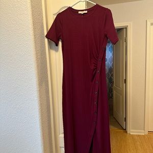 LOFT midi dress - ribbed button trim midi dress - Burgundy